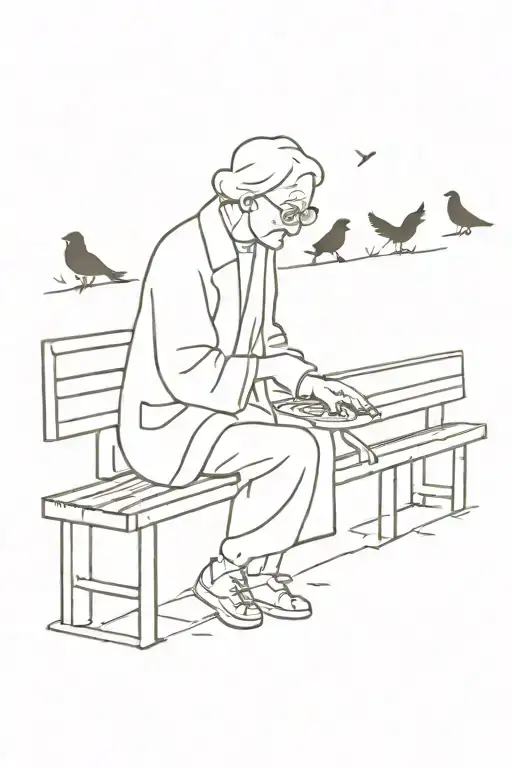 Simple fine line tattoo of a very faint outline of an old lady who is feeding birds on a bench and the birds are in the  tattoo design idea