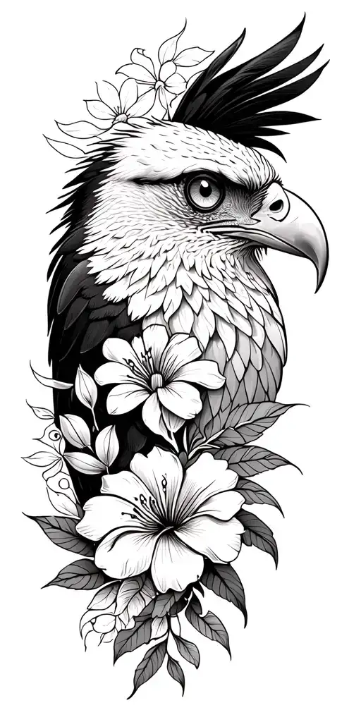 indonesian inspired tattoo with melati flower details and the eyes of an eagle tattoo design idea