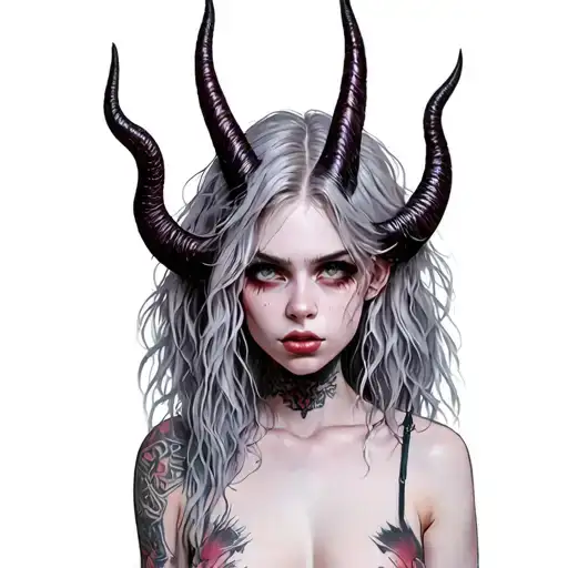 Sexy Pale Girl, Petite, Big Boobs, Wide Hips, G-string. Messy Hair, Demonic Horns, Sexual tattoo design idea
