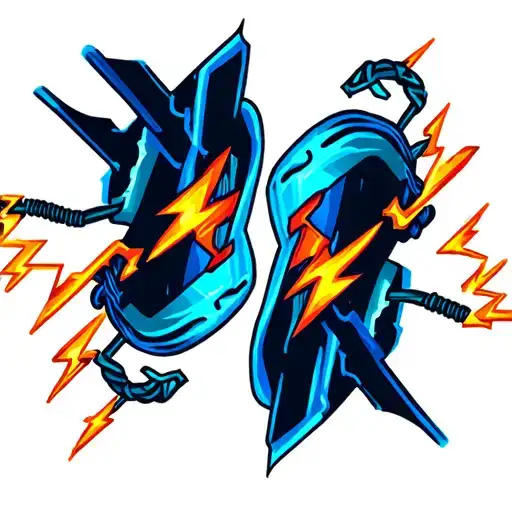 A flash tattoo of two electric chords, one male end  and one female end , with electricity bolts between them connecting tattoo design idea