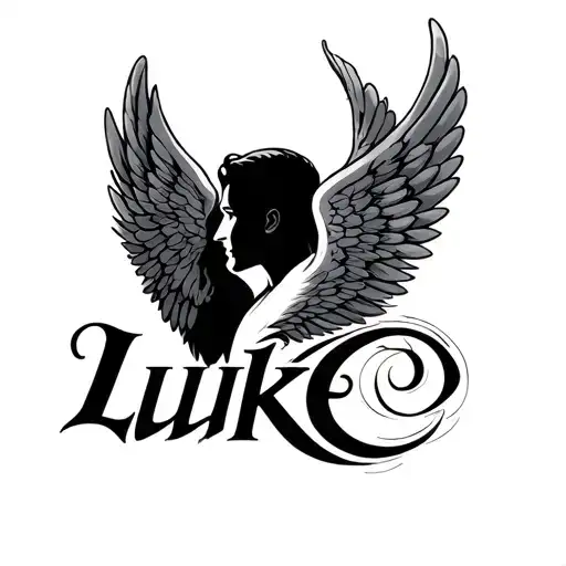The name luke with a angel wing on the side profile traditional tattoo design idea