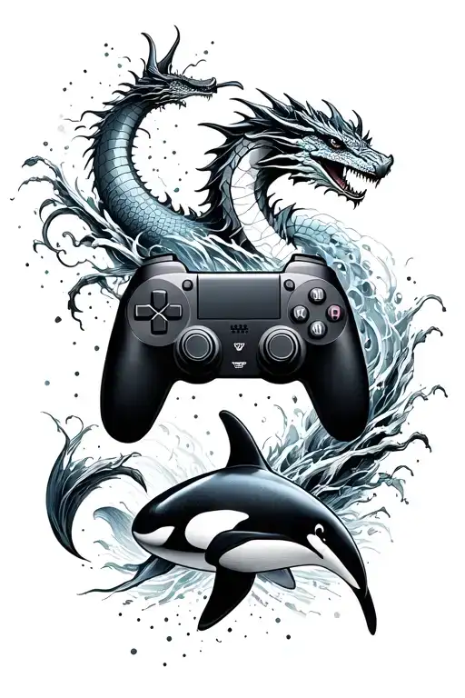 A tattoo design of a gaming console controller morphing into a paintbrush, with a dragon and orca swimming around it, in a dotwork style tattoo design idea