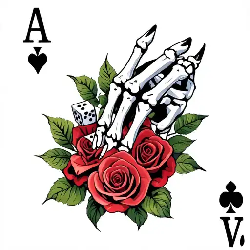 4 of the the a card and 2 dices and writing life's a gamble mixed with. skeleton hand and roses  tattoo design idea