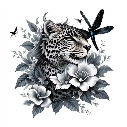 leopard back ground sleeve with flowers and dragon flies and humming birds tattoo design idea