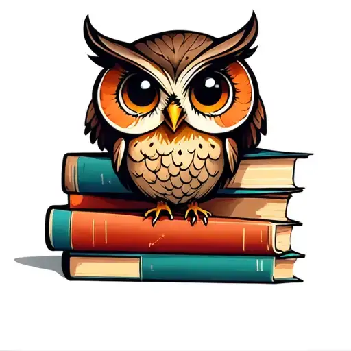 cute owl perched on a stack of books  tattoo design idea