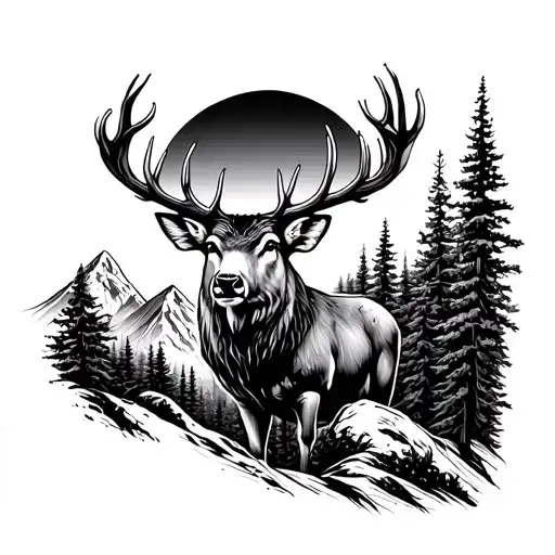 Hirsch and forest mountains sun tattoo design idea