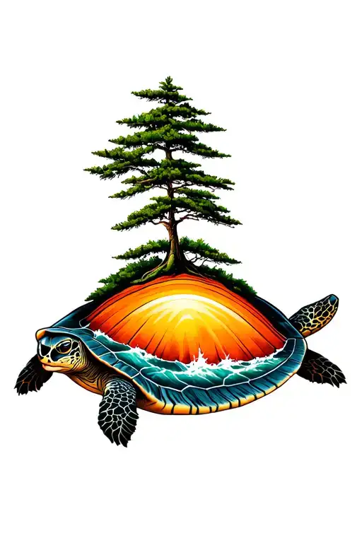 sunrise ocean pine trees growing on sea turtle shell tattoo design idea