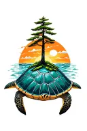 sunrise ocean pine trees growing on sea turtle shell tattoo design idea