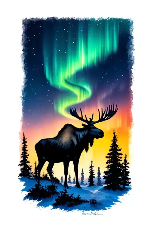 Aurora Borealis with trees moose silhouette  tattoo design idea