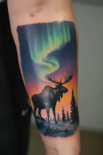 Aurora Borealis with trees moose silhouette  tattoo design idea