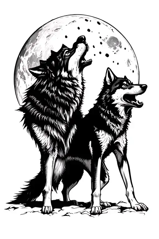 a wolf howling at the moon with a wolf snarling and standing over a wolf pup tattoo design idea