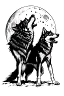 a wolf howling at the moon with a wolf snarling and standing over a wolf pup tattoo design idea