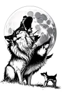 a wolf howling at the moon with a wolf snarling and standing over a wolf pup tattoo design idea