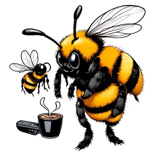 cute fat bumble bee with 2 bees one drinking coffee and one gaming tattoo design idea