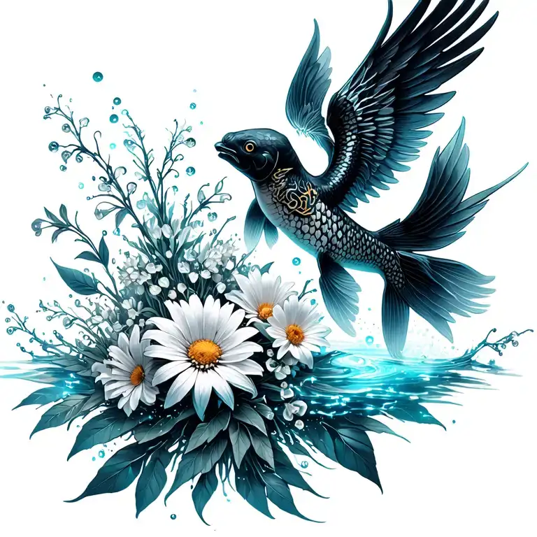jumping Up out of water black white koi with phoenix wings, bouquet with an aster, a daisy, a lily of the valley tattoo design idea