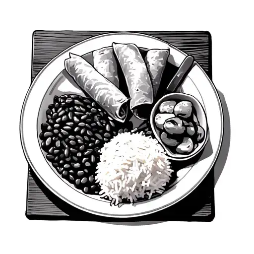 traditional puerto rican rice, beans and pasteles on a dinner plate black and white. tattoo design idea