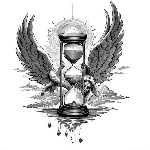 angel losing its wings, icarus falling from sky into ocean, hourglass boaz and jachin memento mori tattoo design idea