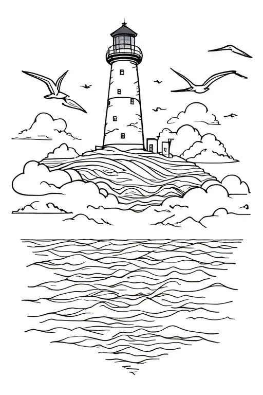 Faro in the middle of the sea with landscape, clouds and seagulls tattoo design idea