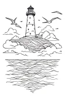 Faro in the middle of the sea with landscape, clouds and seagulls tattoo design idea