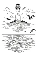 Faro in the middle of the sea with landscape, clouds and seagulls tattoo design idea
