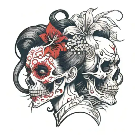 red spider lily side profile skull geisha tattoo design idea