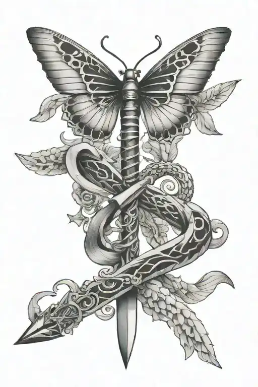 Snake wrapped sword and butterfly wings tattoo design idea