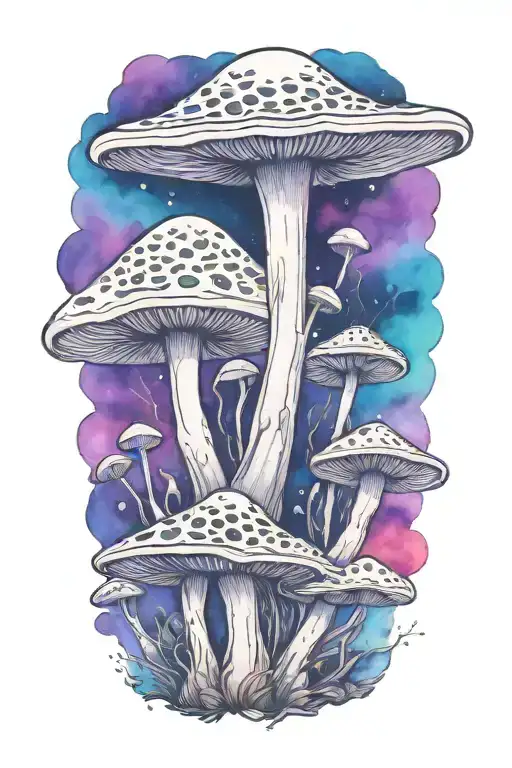 trippy wood-loving mushroom mural with universe inside. inky black lines. tincture vivid and colorful. melty tattoo design idea