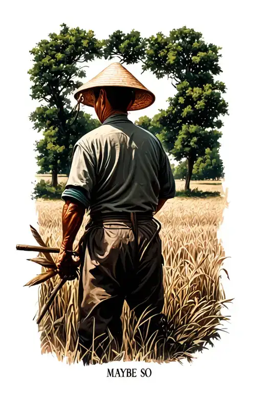 "Maybe so" old Chinese farmer working in field facing away tattoo design idea
