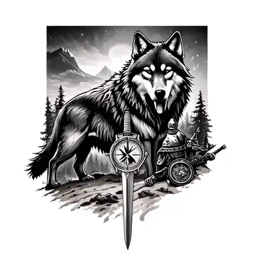 Fore arm tattoo, with a lone wolf in the forest, sand watch, compass, and a knight with a sword,  tattoo design idea