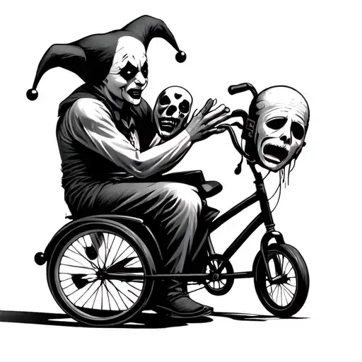 A headless jester sits on a three-wheeled children's bicycle, holding his head and a crying mask in his hands. tattoo design idea