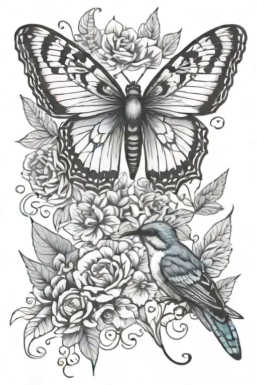 butterfly dragonfly and blue wren whimsical design tattoo design idea