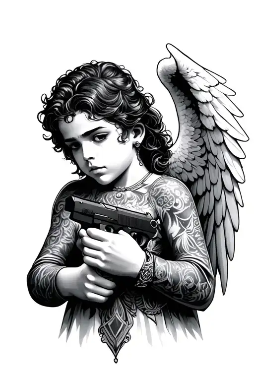 angel with gun in his hands holding tattoo design idea