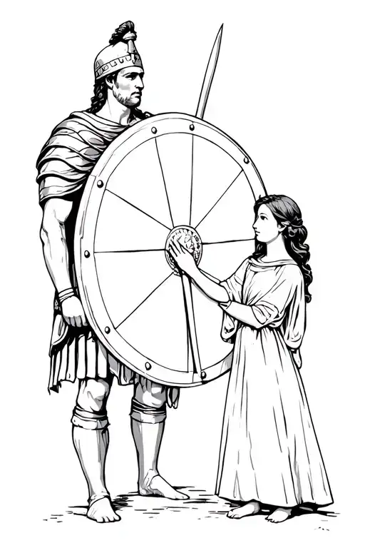 Roman soldier standing with a large roman shield protecting his daughter who is standing behind him tattoo design idea