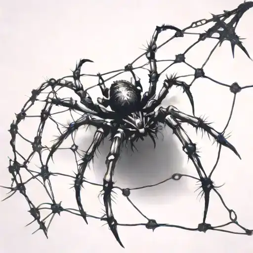 A gothic cybersigilism spider crawling on a barbed wire fence tattoo design idea