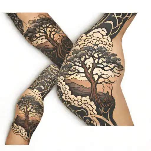 Sleeve with Storm on outside of arm and beautiful outdoor view on the inside of arm tree half dead on the storm side and tattoo design idea