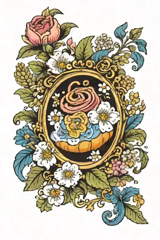 a painting in a golden frame, with a swedish ´kanelbulle´ on it, placed on velvet and flowers, very colourful, funny.  tattoo design idea