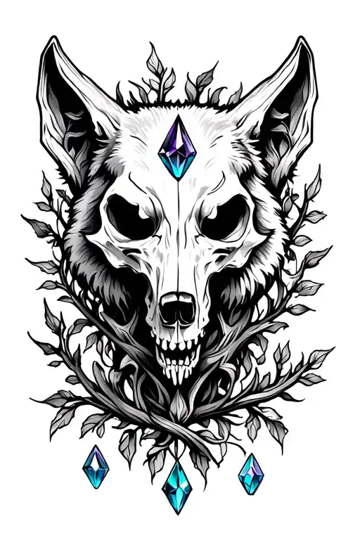 wolf skull vines crystals dark tattoo design idea