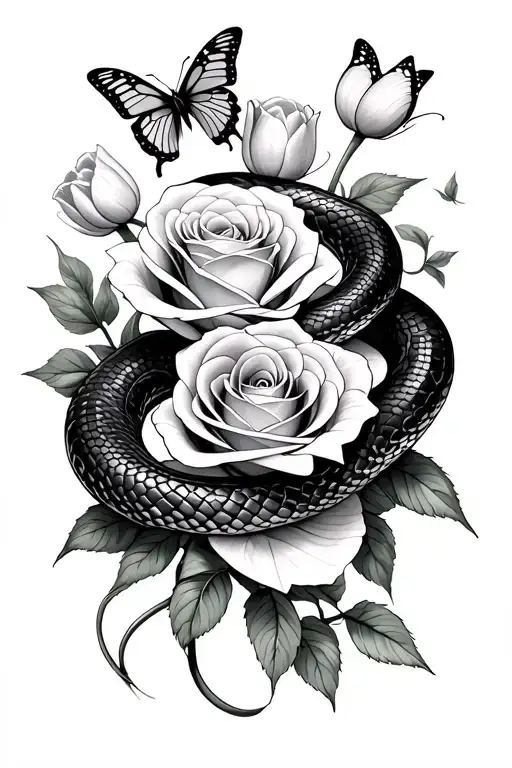 snake wrap around rose and tulips and butterflies flying tattoo design idea