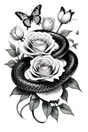 snake wrap around rose and tulips and butterflies flying tattoo design idea