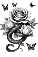 snake wrap around rose and tulips and butterflies flying tattoo design idea