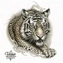 biomechanical Polynesian tiger tattoo calf colored tattoo design idea