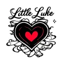 The words Little Luke in script with a black heart tattoo design idea