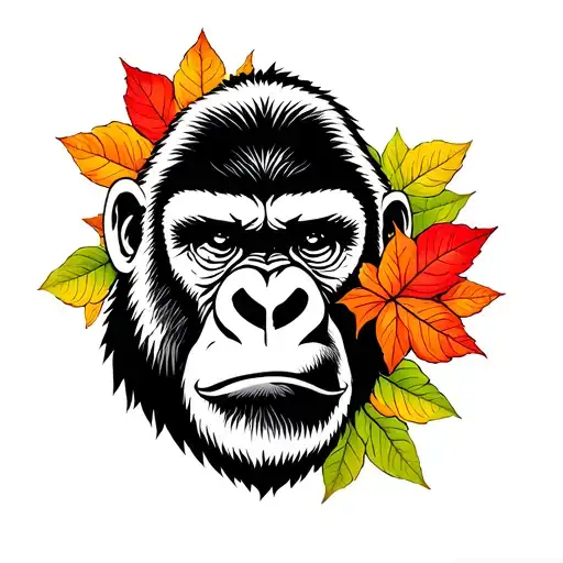gorilla face with Japanese leaves at the bottom of the tattoo the gorilla should be black and white but coloured leaves tattoo design idea
