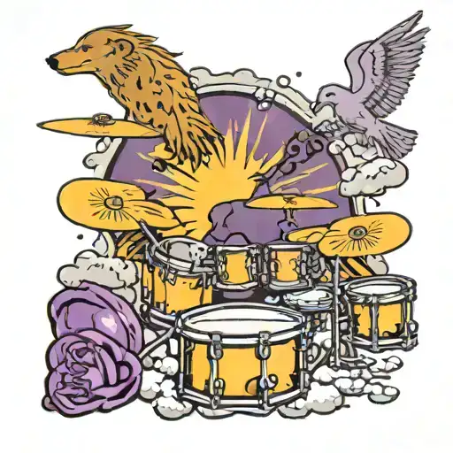 drums, piano, sheet music, 2 purple hearts, sunshine, rain clouds, snow on mountains, army dog tags tattoo design idea