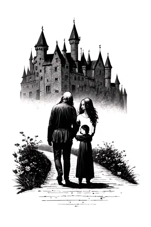 Two dead parents with child on pathway toward gothic castle  tattoo design idea