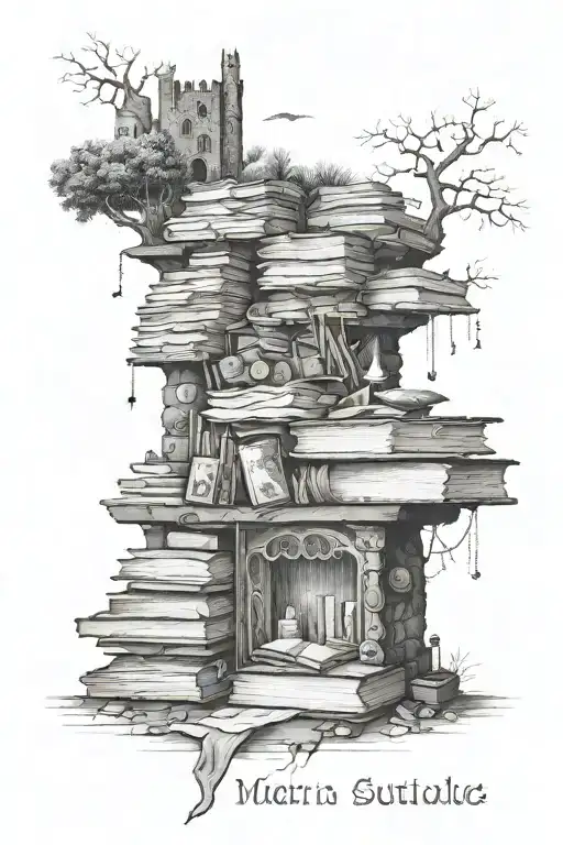 Here is a list of books: "100 Years of Solitude", "Martin Eden", "At the Castle of Argol", "The Intermittences of Death", tattoo design idea