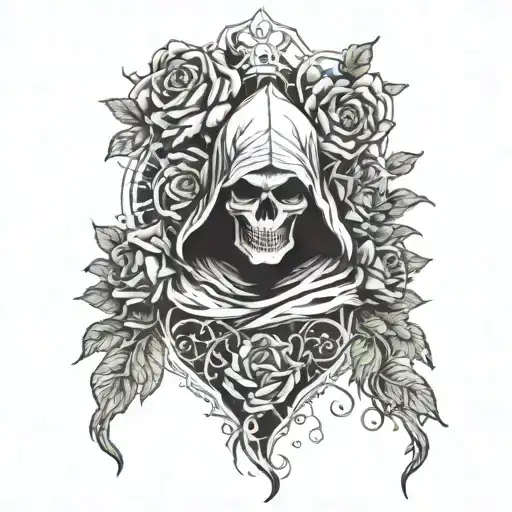 gothic sleeve with grim reaper roses and spider tattoo design idea