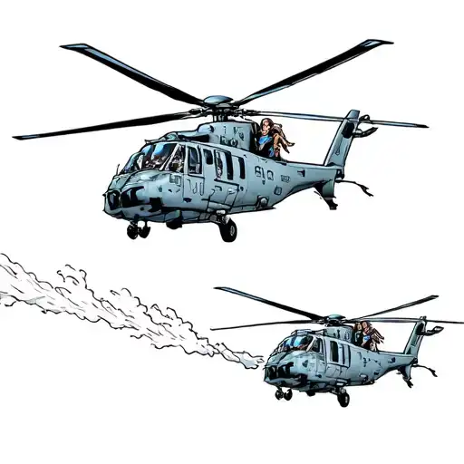 Blackhawk helicopter with 3 girls fast roaping out birthstone colored tattoo design idea