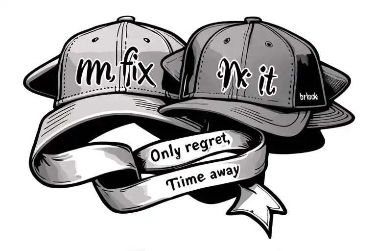 "Only regret, time away" melanoma ribbon wrapping around 2 hats one with the words mr fix it and one with the words mr broke it tattoo design idea