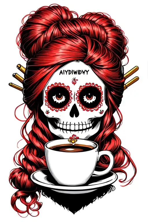 "AIYDIWDWY" sugar skull with red hair in a single bun with crochet hooks, wearing a hair scarf holding a steaming coffee tattoo design idea